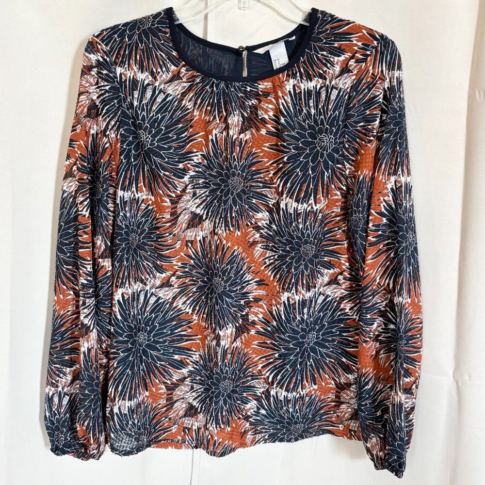 HM Womens Top Size 12 Blue Floral Sheer Boho Rustic Retro Western‎ Modest 18604x